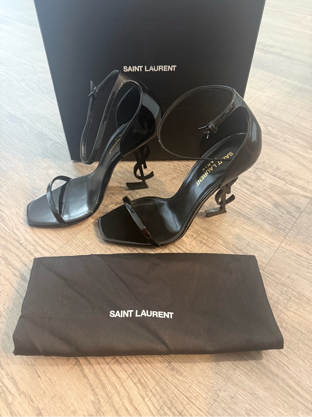Yves Saint Laurent Black Patent Logo-Heel Ankle Strap Sandals